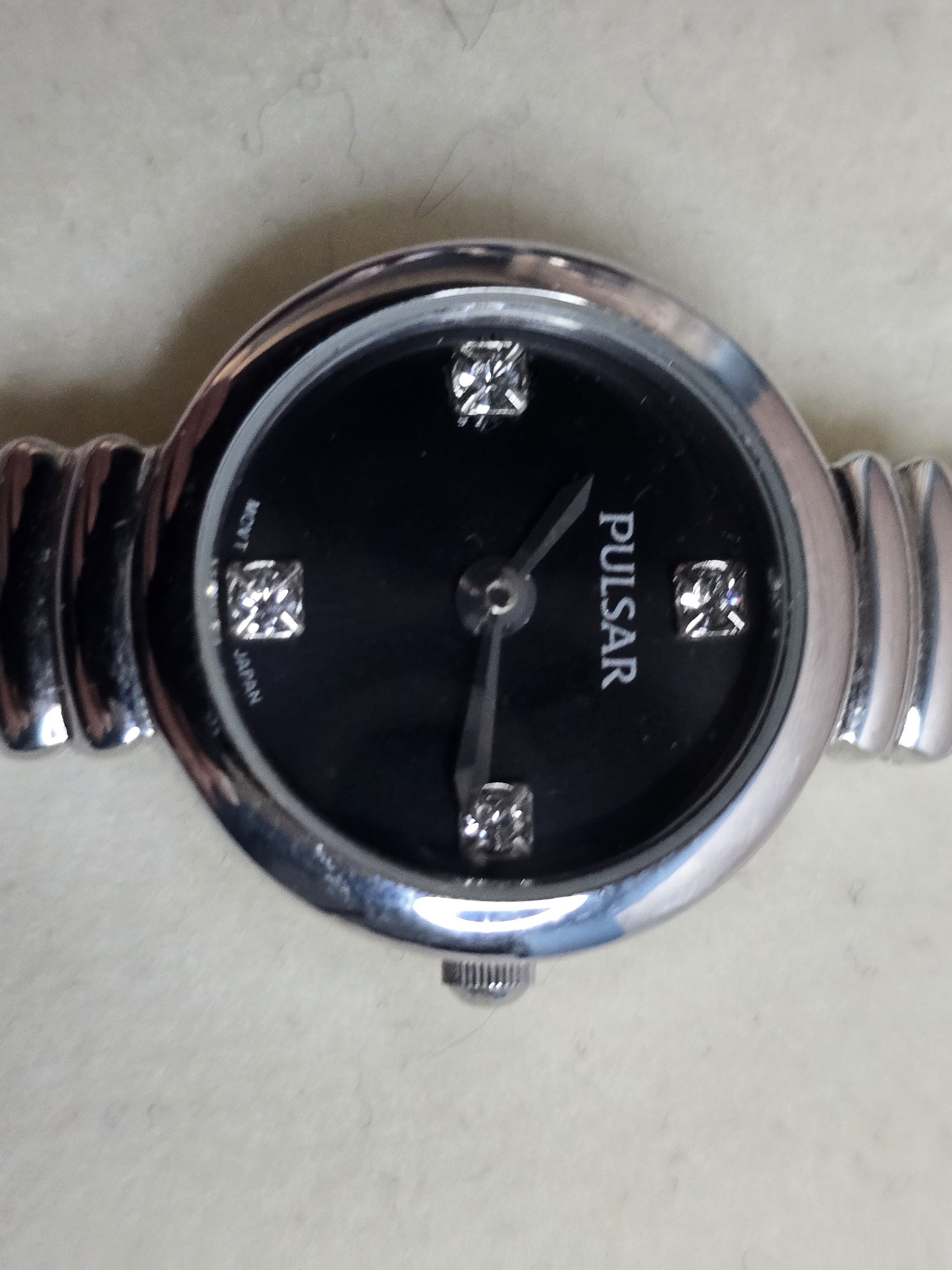 Pulsar SilverTone Bracelet Watch With Black Dial And Crystal Markers